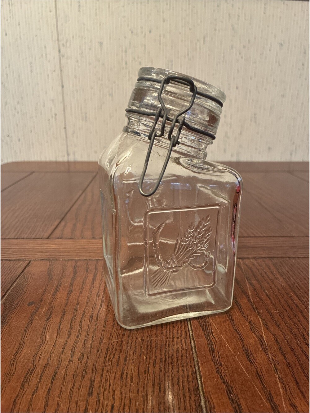 Vintage Glass Storage Jar Wheat Motif Tilt Gooseneck Bail Wire Clasp